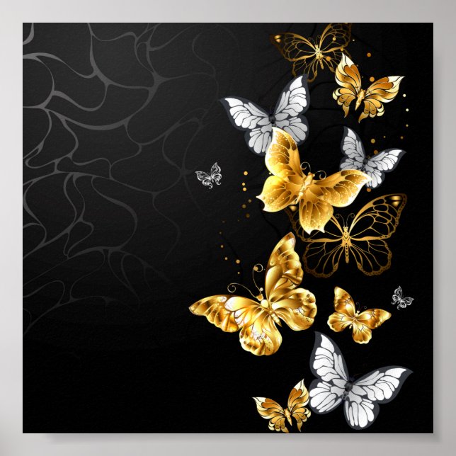 Gold und weiße Schmetterlinge Poster (Vorne)