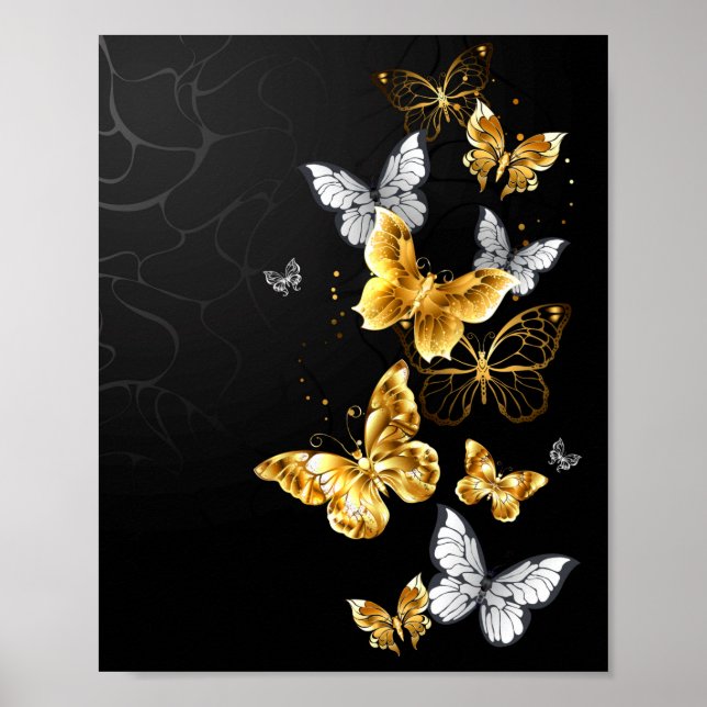 Gold und weiße Schmetterlinge Poster (Vorne)