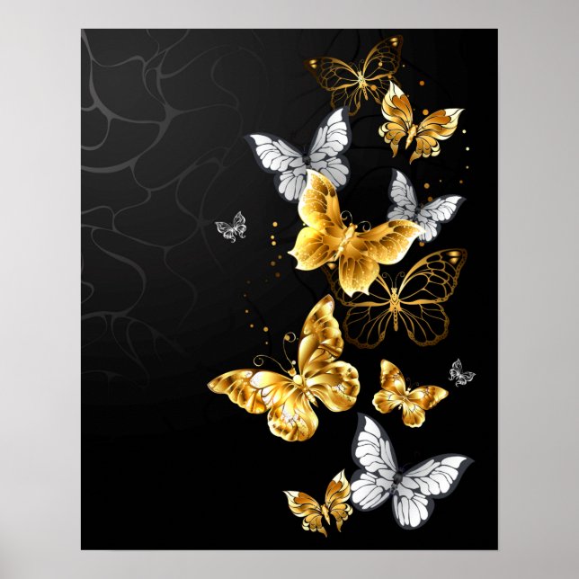 Gold und weiße Schmetterlinge Poster (Vorne)