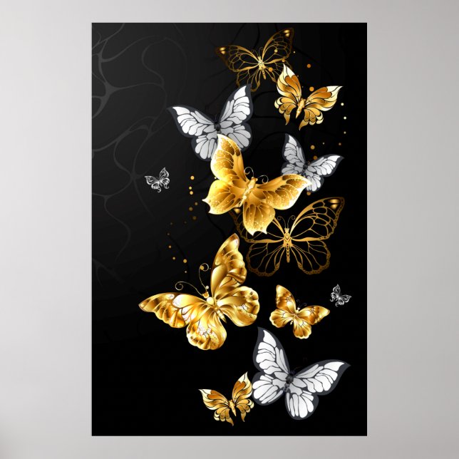 Gold und weiße Schmetterlinge Poster (Vorne)