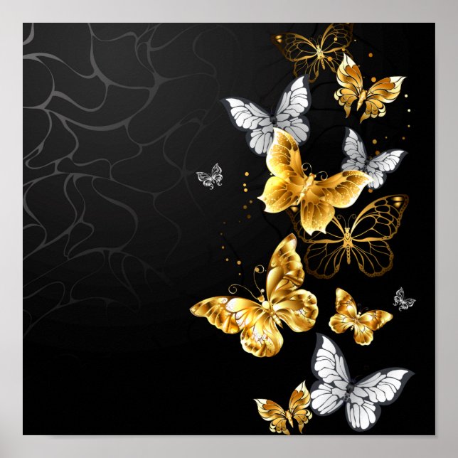 Gold und weiße Schmetterlinge Poster (Vorne)