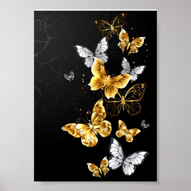 Gold und weiße Schmetterlinge Poster (Vorne)