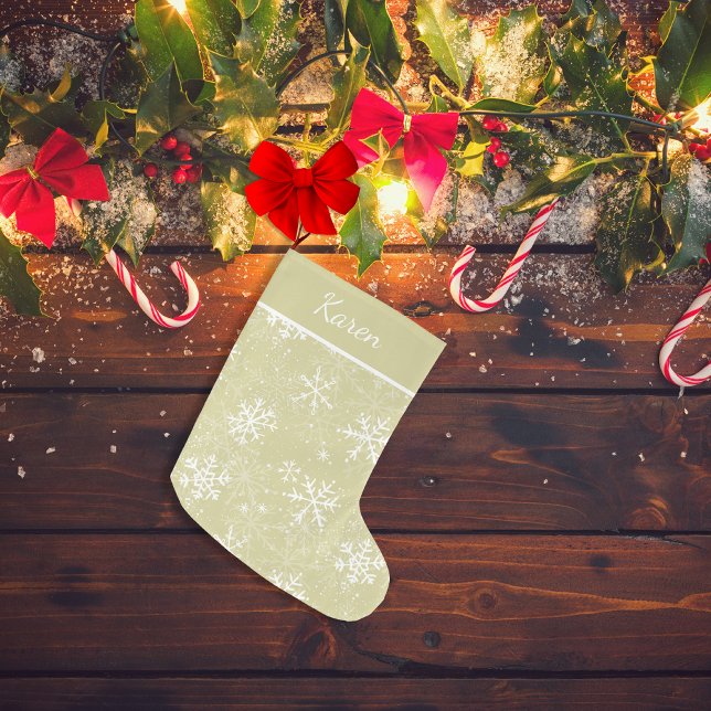 Gold und weiße Schneeflocken Name Weihnachten Großer Weihnachtsstrumpf (Gold and white snowflakes name Christmas Large Christmas Stocking)