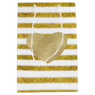 Gold und weiße Streifen Herz Mittlere Geschenktüte