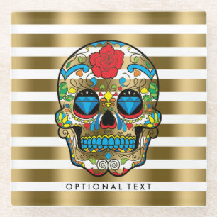 Gold und weiße Streifen mit Rote Rose Glasuntersetzer