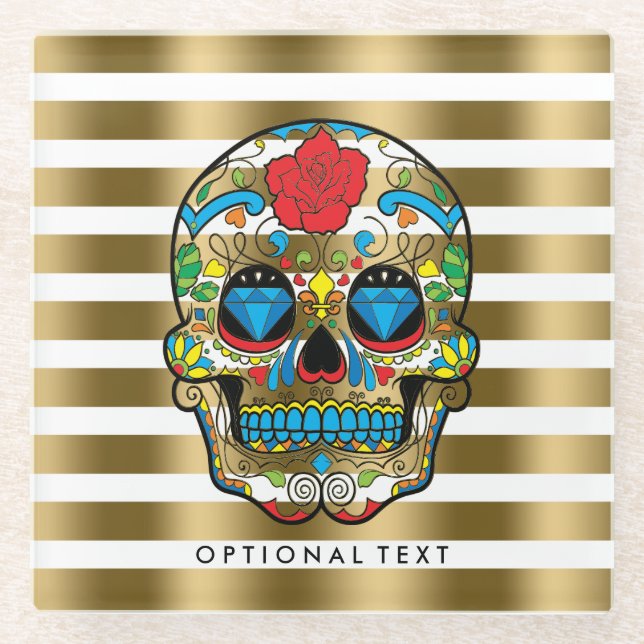 Gold und weiße Streifen mit Rote Rose Glasuntersetzer (Vorderseite)