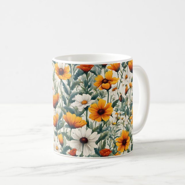 Gold und Weiße Wildblumen Kaffeetasse (VorderseiteRechts)