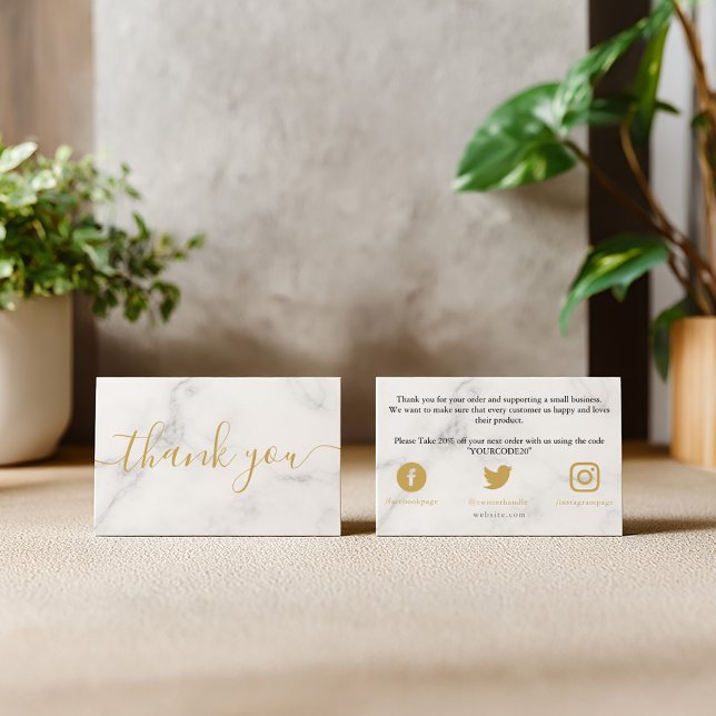 Gold und weißer Marmor, Kundendanke Begleitkarte (Gold and white marble effect, customer thank you enclosure card for your packaging.)