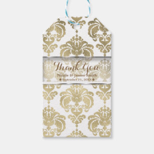 Gold- und weißes Damast-Vintage-Hochzeitsgeschenk Geschenkanhänger