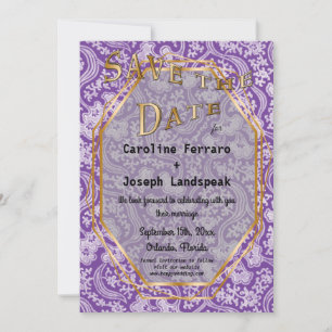 Gold- und White Damask-Blume Save the Date Lila
