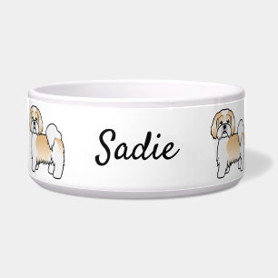 Gold und White Lhasa Apso Cartoon Dog & Name Napf