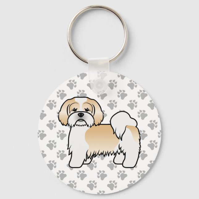 Gold und White Lhasa Apso Niedlicher Cartoon Dog Schlüsselanhänger (Vorderseite)