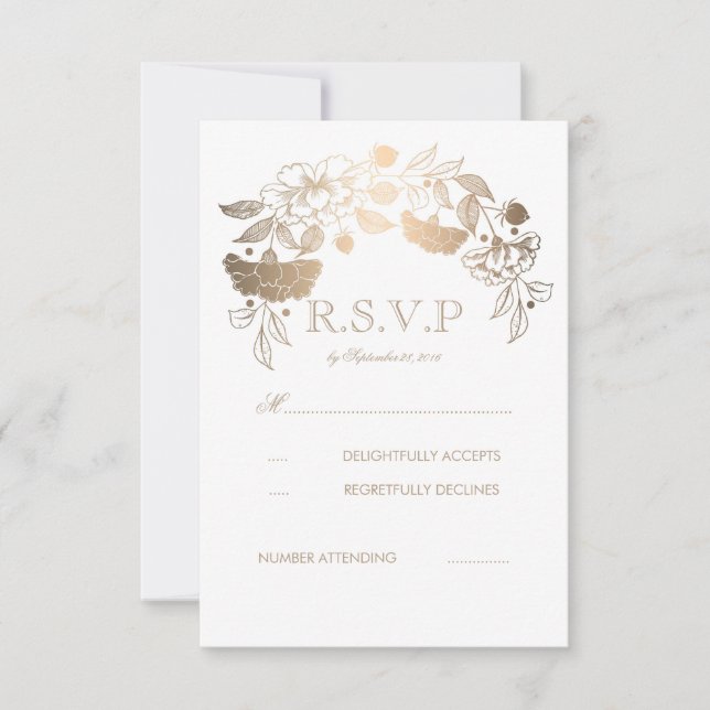 Gold und White Peonies Laurel Wedding RSVP Cards (Vorderseite)