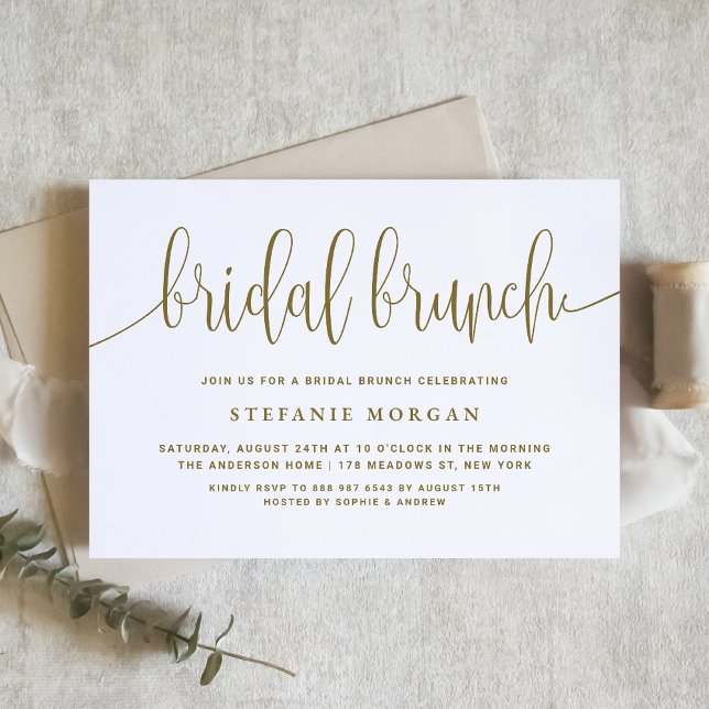 Gold und White Pretty Calligraphy Bridal Brunch Einladung (Von Creator hochgeladen)