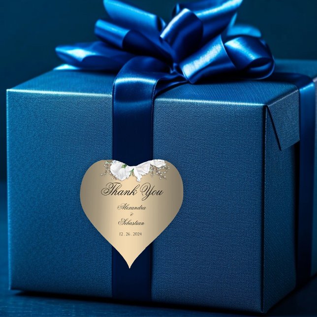 Gold und White Rose Hochzeit Danke Herz-Aufkleber (Von Creator hochgeladen)