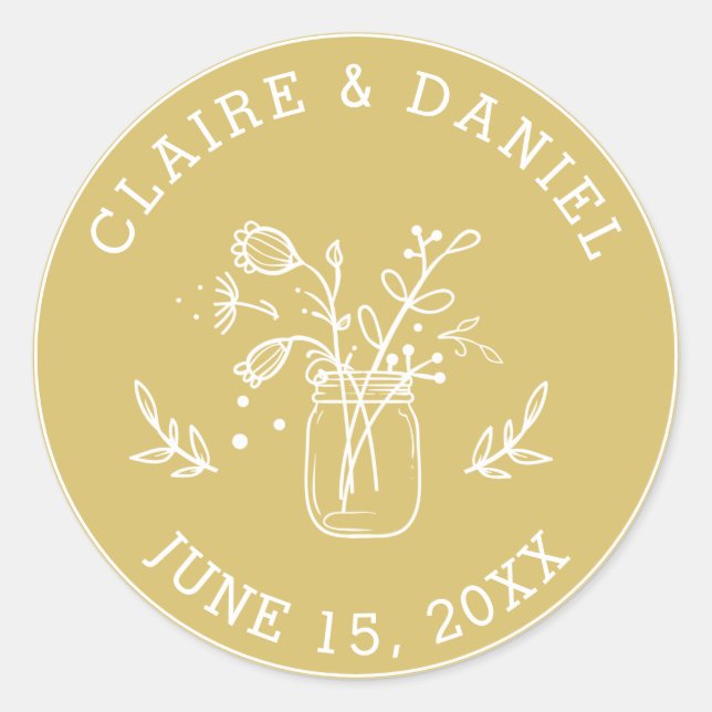 Gold und White Save the Date Mason Jar Blume Runder Aufkleber (Vorderseite)