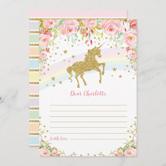 Gold Unicorn Time Capsule Pink Roses Message Card Einladung (Vorne/Hinten)