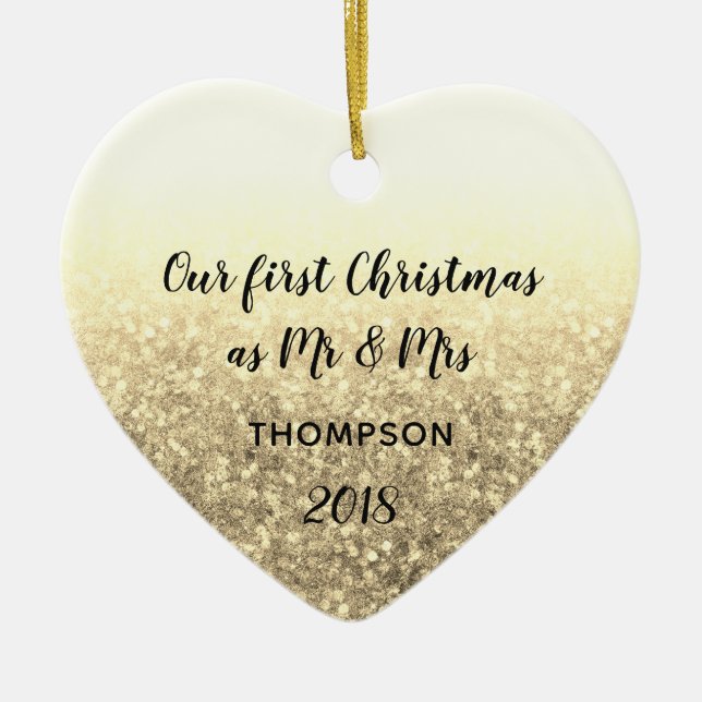 Gold Unser erstes Weihnachtslied Mr. & Mrs. Verhei Keramik Ornament (Vorne)