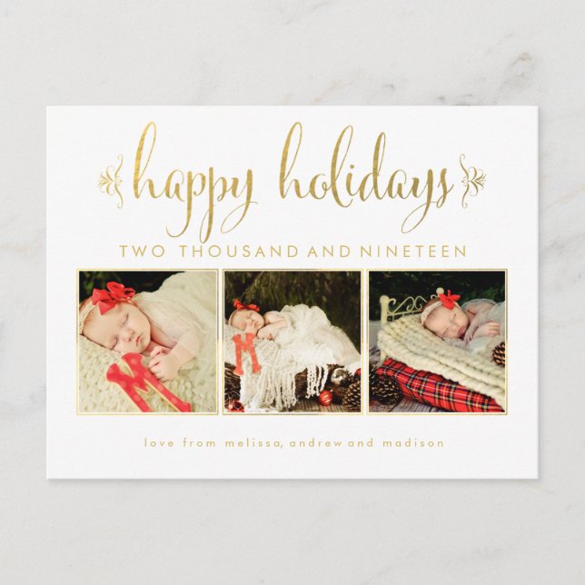 Gold Unsere Babys 1. Weihnachtsrahmen Foto Postcar Postkarte (Vorderseite)