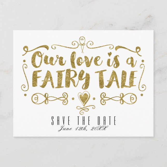 Gold UNSERE LIEBE IST EIN FAIRY TALE Wedding Rett  Ankündigungspostkarte (Vorderseite)