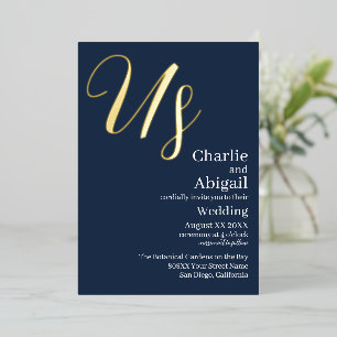 Gold US Moderne Hochzeit auf Navy Blue Folieneinladung