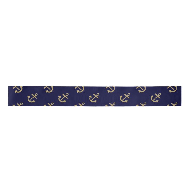 Gold verankert Marine-Blau-Hintergrund-Muster Satinband (Vorderseite)