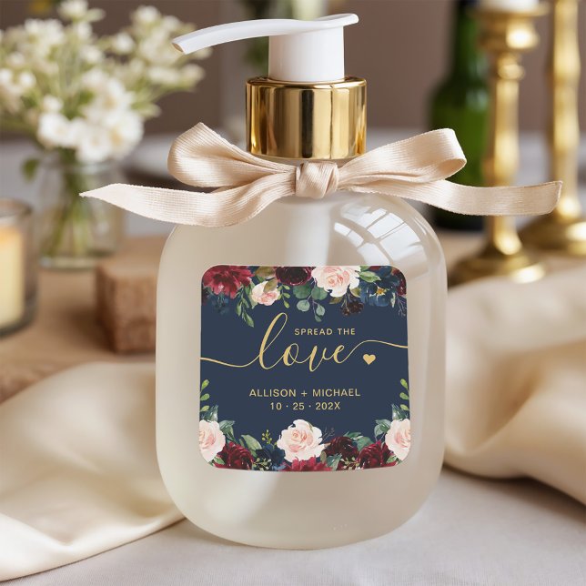 Gold verbreitet Liebe Script Burgundy Navy Floral Quadratischer Aufkleber (Von Creator hochgeladen)