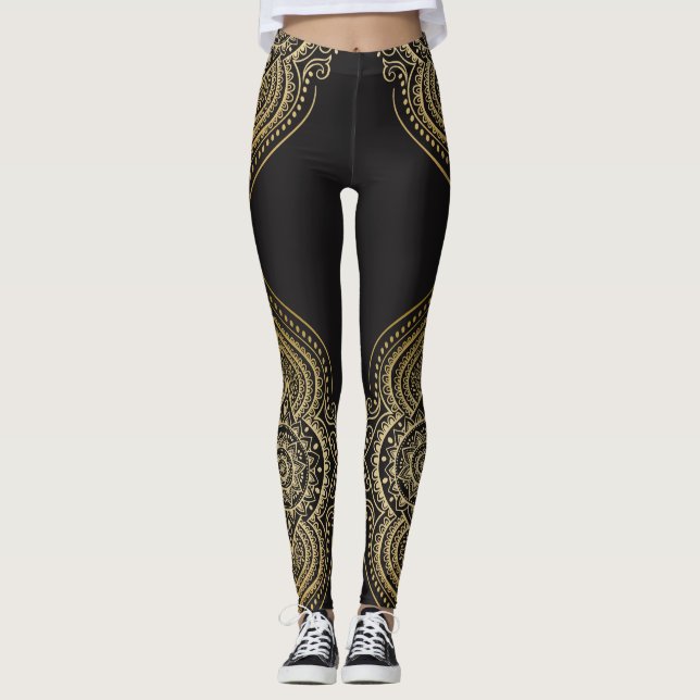 Gold Verziert Floral Mandala Design Leggings (Vorderseite)