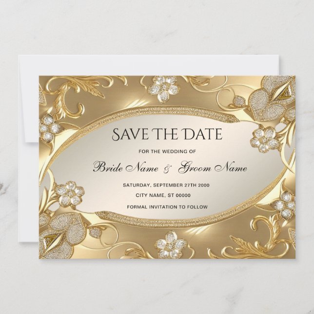 Gold Verziert Floral Save the Date (Vorderseite)