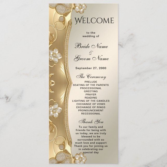 Gold Verziert Floral Wedding Program Programm (Vorderseite)
