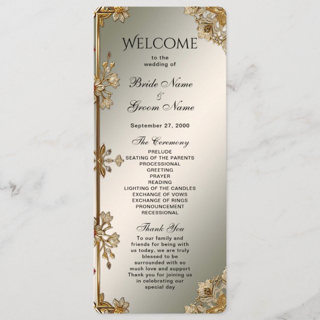 Gold Verziert Floral Wedding Program Programm (Vorderseite)