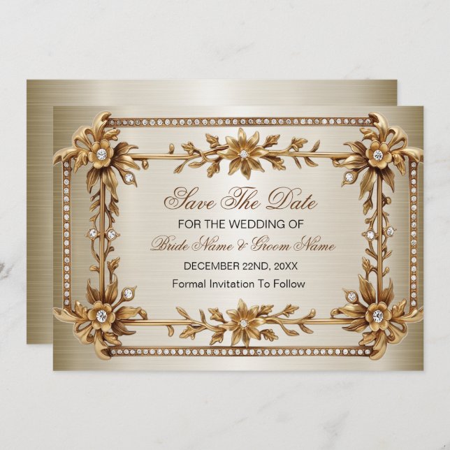 Gold Verziert Rectangle Dimond Blume Shiny Save The Date (Vorne/Hinten)