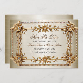 Gold Verziert Rectangle Dimond Blume Shiny Save The Date