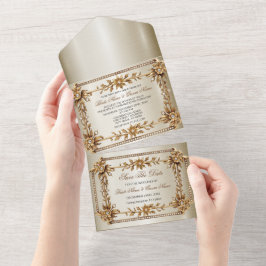 Gold Verziert Rectangle Dimond Blume Shiny Wedding All In One Einladung