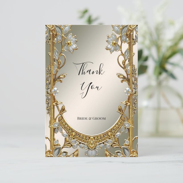 Gold Verziert White Floral Dankeschön Karte (Stehend Vorderseite)