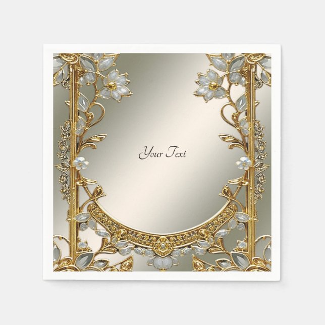 Gold Verziert White Floral Napkins Serviette (Vorderseite)