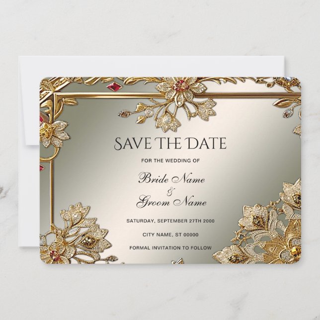 Gold Verzierte Blumenrahmen-Save the Date-Karte Save The Date (Vorderseite)