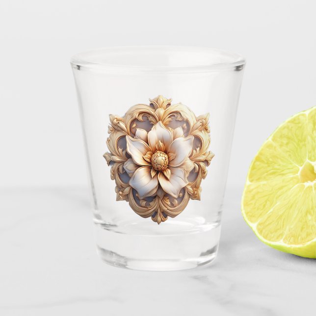 Gold Verzierte florale Medallion Design Schnapsglas (Vorderseite)