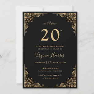 Gold Verzierte Grenze Schwarz 20. Geburtstag Einladung