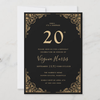 Gold Verzierte Grenze Schwarz 20. Geburtstag Einladung