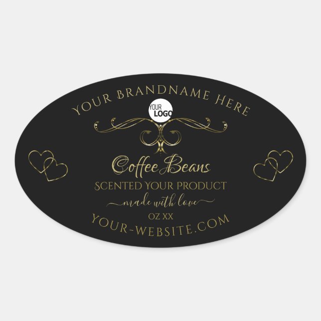 Gold Verzierte Niedlich Hearts Logo für die schwar Ovaler Aufkleber (Vorderseite)