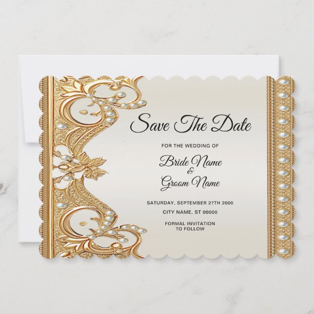 Gold Verzierte Perlen Save the Date Karte (Vorderseite)