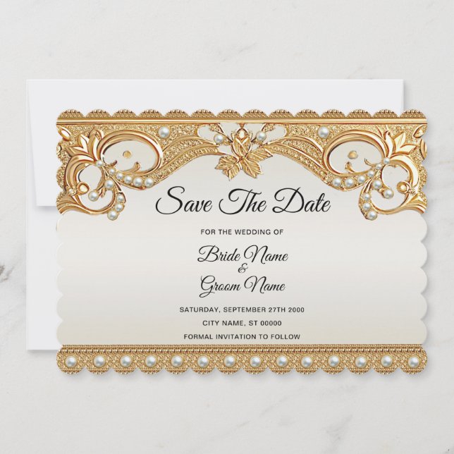 Gold Verzierte Perlen Save the Date Karte (Vorderseite)