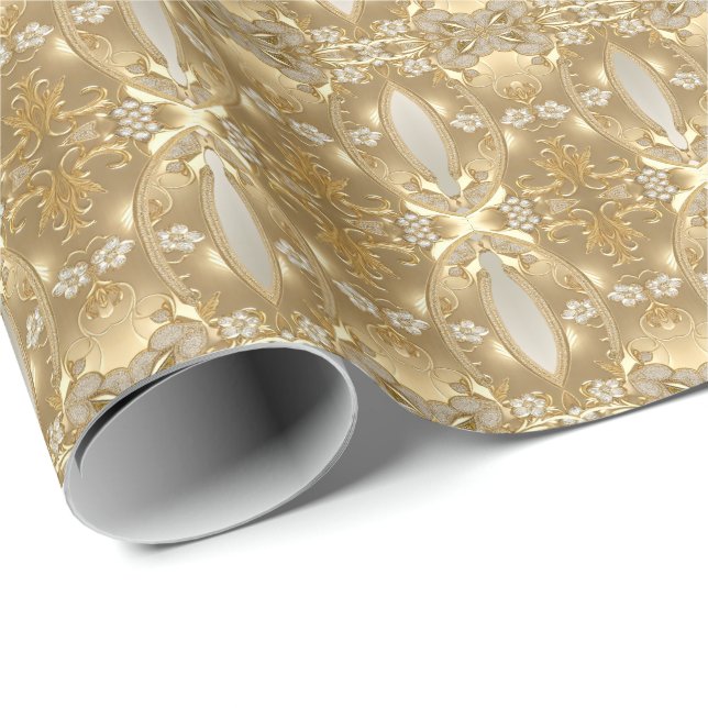Gold Verziertes Blumenpapier Geschenkpapier (Rolleneckpunkt)