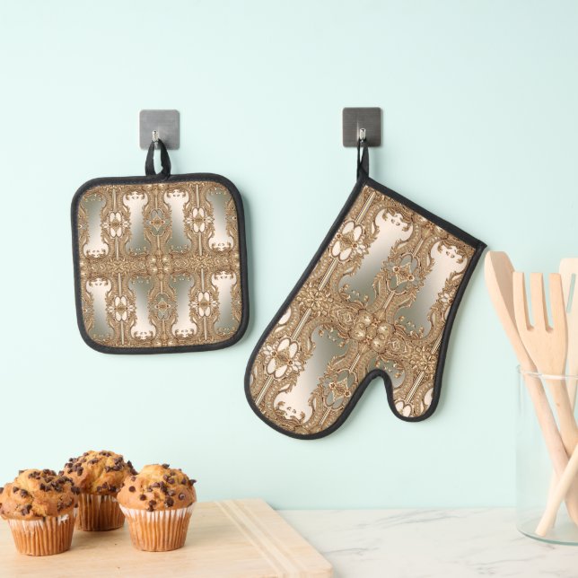 Gold Verziertes Oven Mitt & Pot Holder Set (Insitu (Hängend))