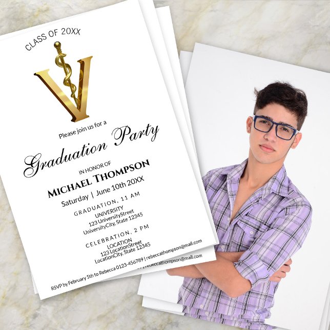 Gold Veterinary Caduceus Graduation Party | Photo Einladung (Von Creator hochgeladen)