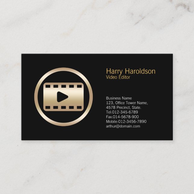 Gold Video Strip Icon Video Editor Business Card Visitenkarte (Vorderseite)