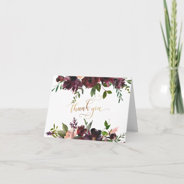 Gold Vielen Dank, Script, Red Burgundy & Blush Flo Dankeskarte (Vorderseite)