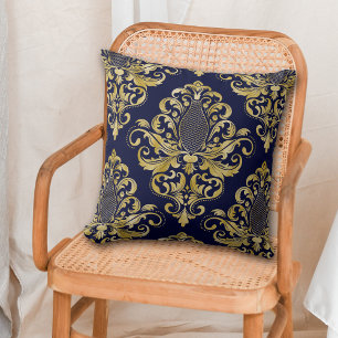Gold Viktorianisch Damask Muster auf Blue Kissen