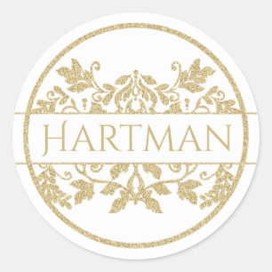 Gold Vine Floral Damask Emblem Weiß Runder Aufkleber